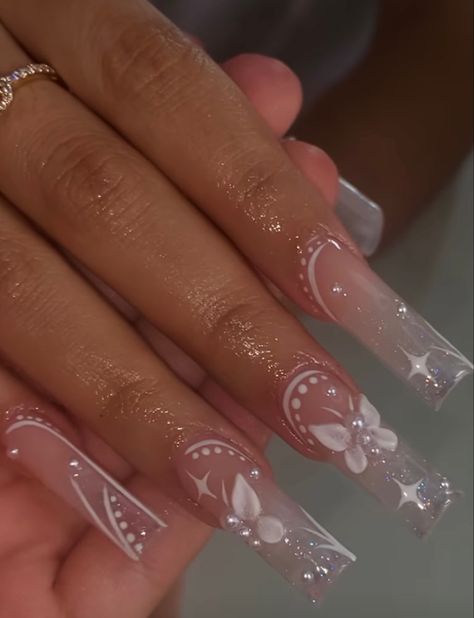 Nails White Square Long, Butterfly Clear Nails, Clear Nail Inspiration, Clear Airbrush Nails, Clear Nail Designs Square, Clear Acrylic Nails Design, Clear Butterfly Acrylic Nails, Clear Nails Square, White Fairy Nails