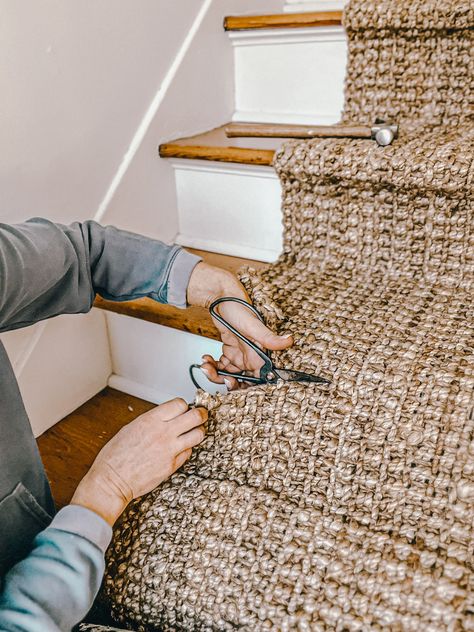 Try this easy step-by-step guide for making a DIY Stair Runner. It is perfect for any skill level and looks amazing when it's completed. Stairs Runner Diy, Stair Runner For Dark Wood, Adding Carpet Runner To Stairs, Rug Runner On Stairs, Jute Runner Stairs, Diy Stair Tread Covers, Rug For Stairs Runners, Diy Staircase Runner, How To Install Stair Runner