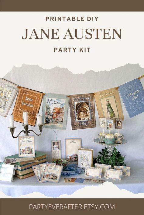 Jane Austen Crafts Diy, Jane Austen Decorations, Bookish Tea Party, Jane Austin Party Ideas, Literary Birthday Party Ideas, Jane Austen Party Decorations, Pride And Prejudice Themed Party, Jane Austen Bachelorette Party, Pride And Prejudice Party Decorations