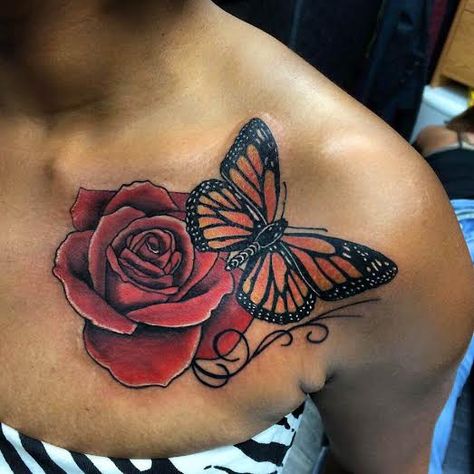 #flower #rose #tattoo #butterfly #monarch #color Monarch Butterfly And Rose Tattoo, Red Rose Butterfly Tattoo, Rose And Butterfly Tattoo Color, Rose And Butterfly Neck Tattoo, Rose And Butterfly Tattoo On Shoulder, Shoulder Tattoo With Color, Rose Tattoo On Back Shoulder, Roses And Butterfly Tattoo, Rose And Butterfly Tattoo Design