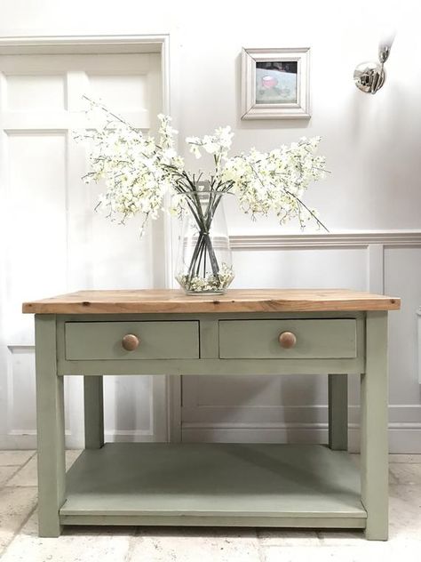 Green Sideboard, Hallway Tables, Solid Oak Sideboard, Green Kitchen Island, Diy Tables, Antique Console Table, Kitchens Cabinets, Prep Table, Green Dining Room