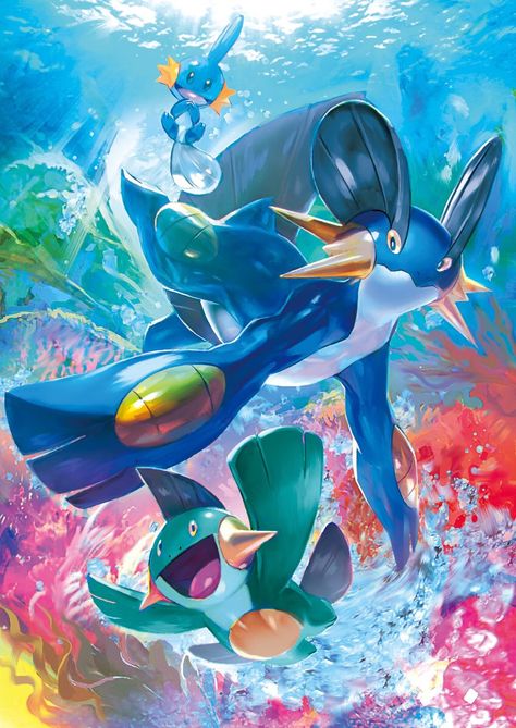 Pokemon | Mudkip, Marshtomp & Swampert - Deep In The Blue Blue Shiny Pokemon, Swampert Art, Mudkip Tattoo, Mudkip Wallpaper, Hoenn Starters, Zoroark Pokemon, Rayquaza Pokemon, Pokémon Team, Pokémon Ruby