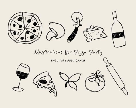 Hand Drawn Illustration Style, Pizza Illustration Design, Hand Illustration Design, Dinner Doodle, Pizza Sketch, Pizza Doodle, Restaurant Graphic Design, Back Print Design, Restaurant Illustration