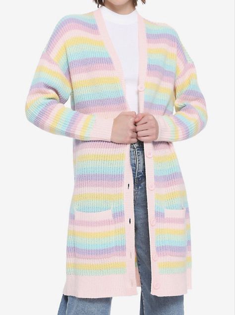 Sweater Outfit Plus Size, Rainbow Sweater Outfit, Goth Cardigan, Extra Long Cardigan, Pastel Cardigan, Hot Topic Sweaters, Rainbow Cardigan, Fair Isle Cardigan, Duster Cardigan Sweater