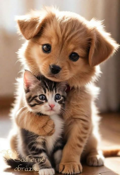 Puppy And Kitten, Cute Dogs Images, Cute Animals Puppies, Super Cute Animals, Kittens And Puppies, Golden Retriever Puppy, Cute Animal Photos, Cute Animal Pictures, Cute Cats And Dogs