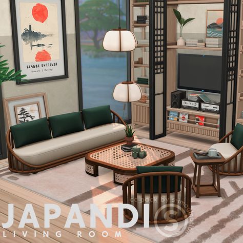 Japandi | Living Room CC Pack | Patreon Japan Living Room, Sims 4 Living Room, Japan Furniture, Living Room Sims 4, Sims 4 Cc Furniture Living Rooms, Low Profile Sofa, Japandi House, Asian Living Room, Japandi Living Room