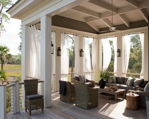 Now this is a covered outdoor patio/deck! The only that would make it better is if it was right by the water . . Outdoor Drapes, Balkon Decor, Patio Deck Designs, Cozy Backyard, Casa Exterior, Have Inspiration, Outside Living, Rustic Outdoor, Outdoor Curtains