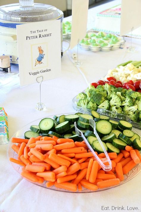 Storybook Baby Shower.  This would be cute for a kid's birthday too! Storybook Food Ideas, Peter Rabbit Food Table, Story Book Baby Shower Food, Storybook Birthday Party Ideas, Story Book Theme Party, Story Book Baby Shower Theme Food Ideas, Book Themed Party Food, Crudite Table, Spring Baby Shower Food Ideas