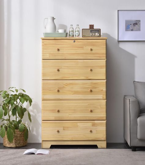 PRICES MAY VARY. This super jumbo chest of drawers is crafted from solid pine wood. Five smooth-running jumbo drawers on metal slides with a safety pull-out stop. The top drawer includes a lock and key to keep your valuables safe. Overall Dimension: 17.5” D x 32.5” W x 44.5” H. Drawer Dimension: 14” D x 28.25” W x 7” H. Mid-century modern design and traditional style seamlessly combine in this Chest Dresser. Crafted of sustainably sourced pine wood, this chest of drawers strikes a boxy silhouett Chest Of Drawer, House Cottage, Beach Room, Chest Dresser, Dark Home, Oak Hill, 5 Drawer Chest, Furniture Finishes, Drawer Chest