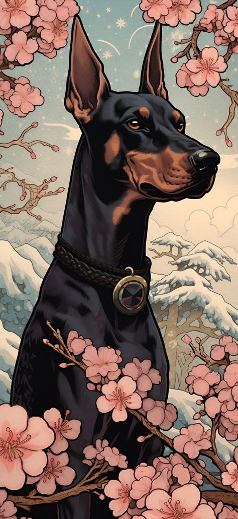 A Ukiyo-E style depiction of a Doberman Pinscher in the snowy mountains, perfect as an aesthetic phone wallpaper. Mountain Aesthetic Wallpaper, Perro Doberman Pinscher, Majestic Dog, Doberman Tattoo, Aesthetic Wallpaper Iphone, Puppy Art, Dog Icon, Doberman Dogs, Canine Art