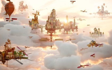 ArtStation - Airborne Kingdom - Demo, Chee Fong Flying City Fantasy Concept Art, Cloud World, Cloud Kingdom, City Builder, Dnd Backgrounds, Cloud City, Floating City, My Fantasy World, Fantasy Places