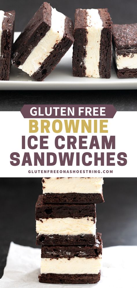 These decadent gluten free brownie ice cream sandwiches are made with the fudgiest brownies split between two pans, baked, and layered with homemade no churn vanilla ice cream. #Dessert #Baking #GlutenFree Gluten Free Homemade Ice Cream, Ice Cream Cake Gluten Free, Brownie Ice Cream Sandwiches, Gluten Free Ice Cream Desserts, Gluten Free Ice Cream Cake Recipes, Gluten Free Ice Cream Recipes, Gluten Free Dessert Ideas, Gluten Free Frozen Desserts, Gluten Free Ice Cream Cake