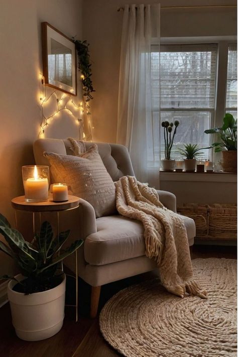 Boho cozy living room with natural elements and eclectic touches. Small Cozy Boho Living Room, Cute Boho Apartment Ideas, Boho Cozy Living Room, Boho Studio Apartment, Small Cozy House, Boho Apartment Ideas, Cozy Living Room Decor Ideas, Cozy Decor Ideas, Cozy Boho Living Room