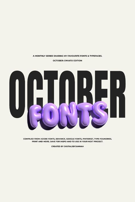 This month, I’ve pulled these super cool fonts from Envato Elements! From Display Typefaces to Retro Fonts!

#graphicdesign #fonts #3dfonts #typography #seriffonts #sansserif #envatoelements #branddesign #freefonts #uniquefonts #funfonts 3d Font Design, August Font, Fonts 2024, Cool Fonts Alphabet, Display Typography, 3d Fonts, Edgy Fonts, Hand Lettering Alphabet Fonts, Font Sans Serif