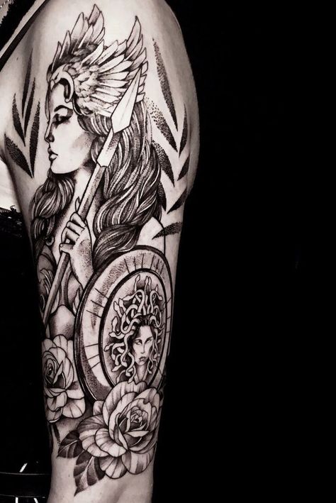 Athena Tattoo Ideas Athena Sleeve Tattoo, Valkyrie Tattoo Sleeve, Athena Medusa Tattoo, Amazon Warrior Tattoo, Athena Tattoo Goddess Sleeve, Indian Lady Tattoo, Valkaryie Tattoo, Ephesians Tattoo, Woman Warrior Tattoo Goddesses