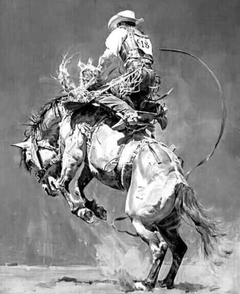 Rodeo Art, Cowboy Artwork, Cowboy Tattoos, Lion Tattoo Sleeves, Cowboy Pictures, Flow Art, Western Artwork, Western Tattoos, Bucking Bronco