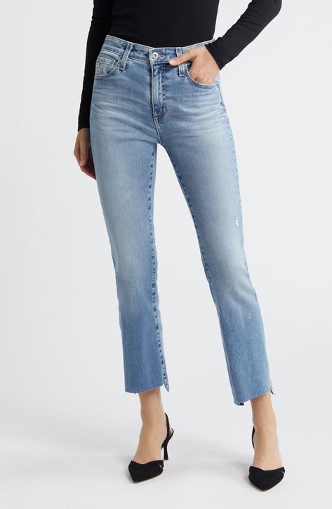 AG Farrah Distressed High Waist Raw Step Hem Bootcut Jeans | Nordstrom Hem Bootcut Jeans, The Best Jeans, High Rise Bootcut Jeans, Straight Leg Denim, Best Jeans, Raw Edge, Denim Fashion, Bootcut Jeans, Stretch Denim