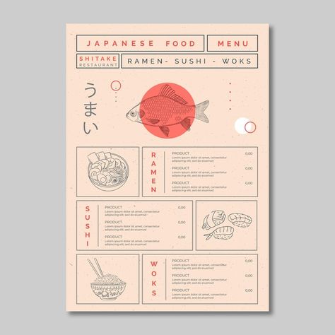 Menu template for japanese food restaura... | Free Vector #Freepik #freevector Instagram Menu Post, Japan Menu Design, Menu Aesthetic Design, Menu Design Aesthetic, Japanese Restaurant Menu Design, Asian Menu Design, Japanese Restaurant Menu, Papan Menu, Menu Design Layout