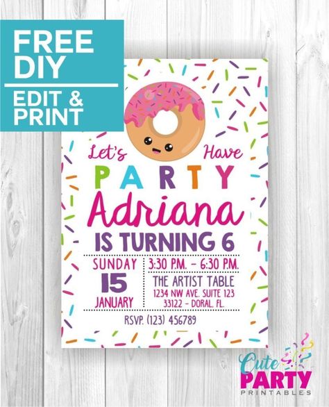 Donut Party Invitations – Cute Party Printables Donut Birthday Party Invitations, Donut Invitation, Pizza Party Invitations, Free Invitation Cards, Donut Themed Birthday Party, Swimming Party, Donut Birthday Parties, Donut Birthday, Creation Station