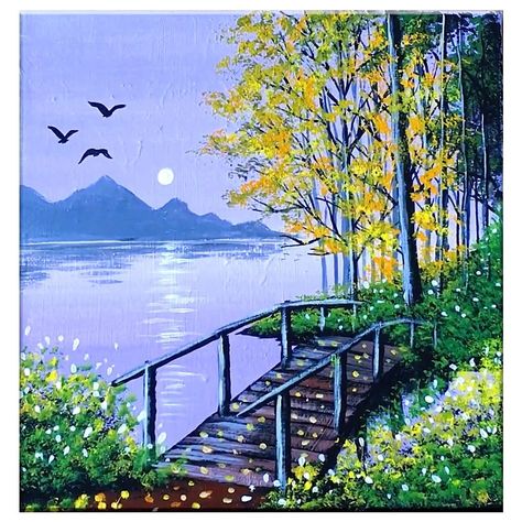 Painting Bridges Acrylic, Bridge Painting Acrylic Simple, Bridge Painting Acrylic, Bridge Art Paintings, Bridge Canvas Painting, Covered Bridge Painting, Bridge Drawing, Forest Crafts, Art Of Painting