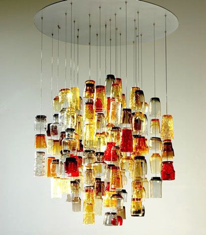 This light sculpture is built using found ‘Salvation Army” drinking glasses, Fashion Design Inspiration, Diy Luminaire, Bottle Chandelier, Luminaire Original, Diy Lampe, Glass Light Fixture, Deco Luminaire, Eco Friendly Decor, Deco Boheme