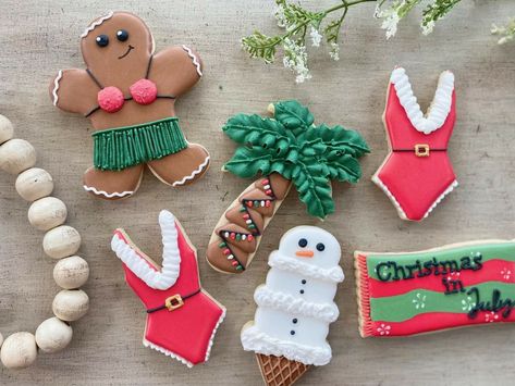 Christmas In July Sugar Cookies, Tropical Christmas Cookies, Christmas In July Cookies Decorated, Beach Christmas Cookies, Christmas In July Cookies, 2023 Cookies, Beach Theme Birthday, Beach Cookies, Florida Holiday