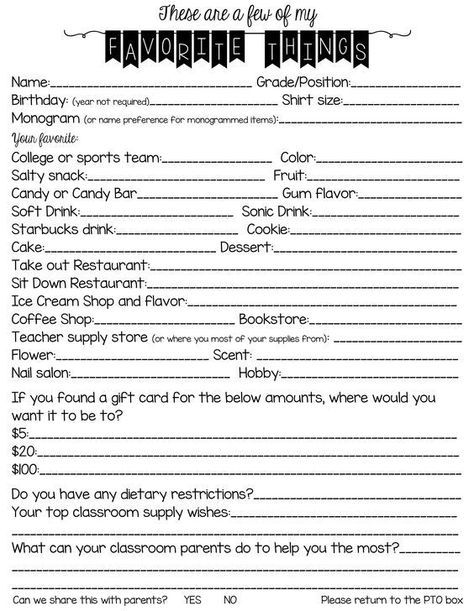 Get to know your child's teacher with this teachers favorites questionnaire!   This will help make all those gifts throughout the year be just what she wants!:: Favorites Questionnaire, Teacher Questionnaire, Work Team Building, Teacher Forms, Secret Sisters, My Hobbies, Staff Appreciation, All About Me, Teacher Appreciation Week