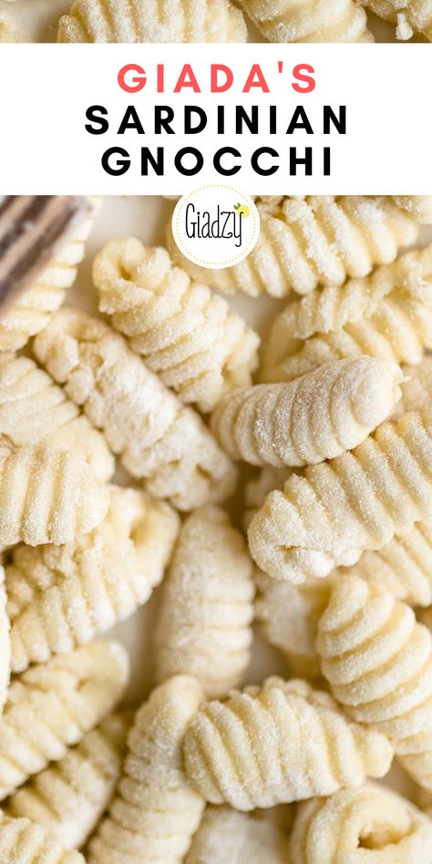 This gnocchi is inspired by the kind traditionally made in Sardinia, which is the second largest island in the Mediterranean sea after Sicily. Sometimes you’ll see it referred to as “gnochetti sardi,” which translates to Sardinian gnocchi – it also goes by “Malloreddus”. However, unlike actual gnocchi, which is technically a potato dumpling, this version is made from pasta. Giada Gnocchi Recipes, Traditional Gnocchi Recipes, Home Made Gnocchi, Potato Dumpling, Traditional Italian Food, Italian Gnocchi, Gnocchi Recipes Easy, Gnocchi Recipes Homemade, Italian Snacks