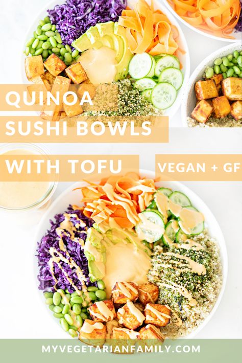 Quinoa Sushi Bowls with Tofu | My Vegetarian Family #vegansushibowls #tofusushi #deconstructedsushi #veganglutenfreesushi Gluten Free Sushi, Quinoa In Rice Cooker, Tofu Sushi, Easy Tofu, Fluffy Quinoa, Perfect Quinoa, Sushi Bowls, Instant Pot Quinoa, Tofu Recipes Easy