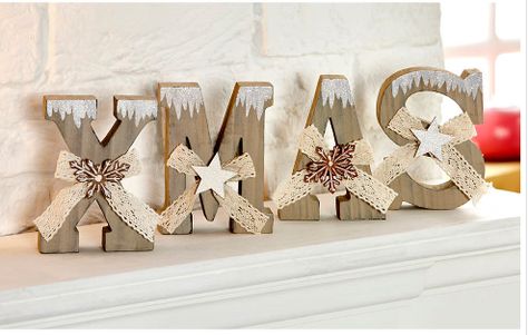 Woodlands "Xmas" Letters   £11.00  Contemporary decorated wooden letters, spelling the word 'XMAS'. Each letter is separate so can be placed at the desired distance apart. Made from MDF. Each letter measures H12 x W9 x D4cm Wood Letters Decorated, Xmas Letter, Wooden Letters Decorated, Christmas Wood Crafts, Painted Letters, The Woodlands, Decorative Letters, Tole Painting, Christmas Display