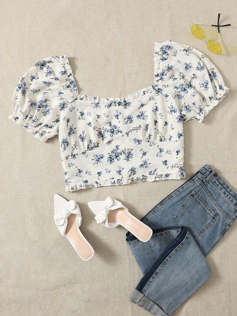 White Floral Top, Puff Sleeve Crop Top, Ootd Ideas, Summer Crop Tops, Floral Print Tops, Shein Tops, Clothing Ideas, Plus Size Blouses, Floral Top