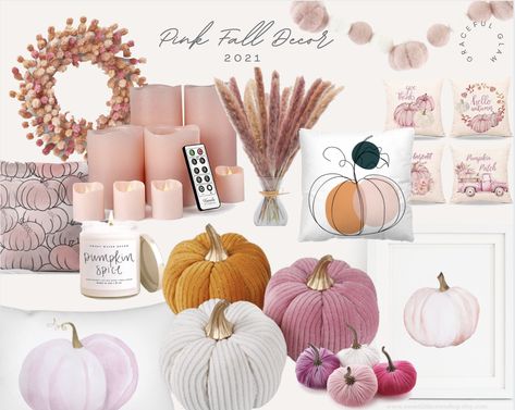 Fall Decorating With Pink, Pink Fall Bedroom Ideas, Blush Pink Fall Decor, Fall Decor Pink And Orange, Pink And White Fall Decor, Pink Door Fall Decor, Fall Decor Glam, Pink Fall Decor Ideas For The Home, Pink Fall Home Decor