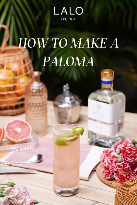 Here's how to make the perfect Paloma with LALO Tequila: INGREDIENTS 2 oz LALO Tequila 2 oz Sparkling Water 2 oz Grapefruit Juice Pinch of Salt Garnish with a Lime Wedge DIRECTIONS Rim a highball glass with lime and salt. Fill the glass with ice. Add LALO, grapefruit juice, a pinch of salt, and top with sparkling water. Stir with a bar spoon. Garnish with a lime wedge. Makes one serving. ¡Salud! Party Shareables, Lalo Tequila, Paloma Cocktail Tequila, Paloma Cocktail, Summer Drinks Alcohol, Liquor Recipes, Gin Drinks, Mixed Drinks Alcohol, Yummy Alcoholic Drinks