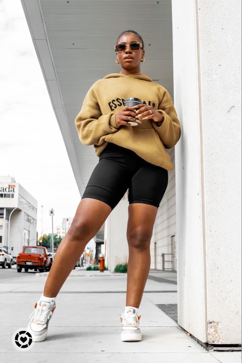 Hoodie And Biker Shorts Outfit, Hoodie And Biker Shorts, Hoodie With Biker Shorts, Biker Shorts Outfit, Air Force 1 Shadow, Summer Loving, Weekend Outfit, Leather Shorts, Summer Of Love