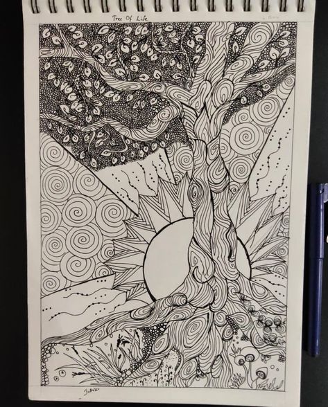 Black ink - tree of life - Zentangle art Mandala Art Tree Of Life, Trees Doodle Art, Tree Mandala Art, Zentangle Trees Ideas, Black Ink Drawing Simple, Zentangle Tree Of Life, White On Black Drawing Simple, Doodle Art Tree, Zentangle Silhouette