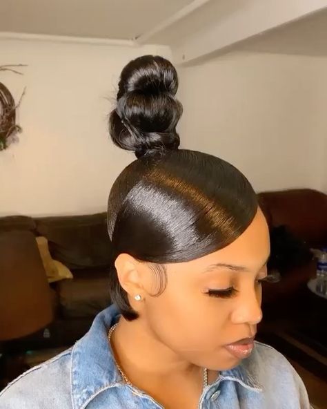 Cheap Great Virgin Human Hair on Instagram: “High knot bun with swoop bangs and edges on fleek 😍 #repost  So cute style 🔥❤️tag a friend who could do this 🥰  . . Follow @hairspells_love…” Knot Bun With Swoop, High Knot Bun, Bun With Swoop, Top Knot Bun, High Ponytail Hairstyles, Weave Ponytail Hairstyles, Sleek Ponytail Hairstyles, Knot Bun, Black Ponytail Hairstyles