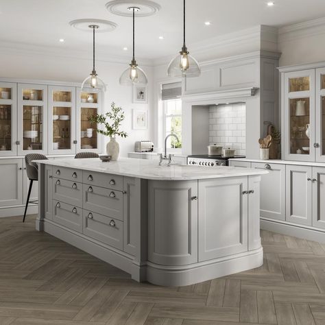 Choose these vinyl boards with a herringbone pattern to add an eye-catching design in soft pearl grey oak finish. Shaker Style Kitchens With Island, Large Shaker Kitchen, Elmbridge Dove Grey, Howdens Elmbridge Kitchen, Howdens Kitchen Shaker, Elmbridge Kitchen, French Grey Kitchen, Howdens Shaker Kitchen, Classic Kitchen Design Luxury