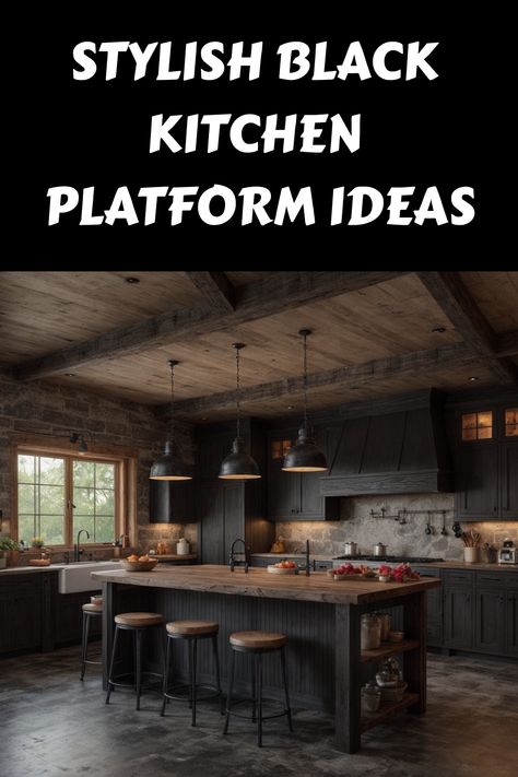 Stylish black kitchen with wooden accents, large island, and rustic lighting fixtures.