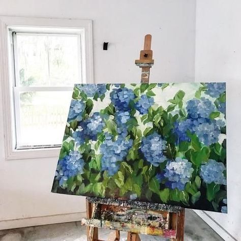 Hydrangea Paintings, Lake House Bedding, Tiktok Crafts, Warm Wood Floors, Blue And White Bedding, Painting On Canvas For Beginners, Lake House Bedroom, Hydrangea Painting, Dandelion Art