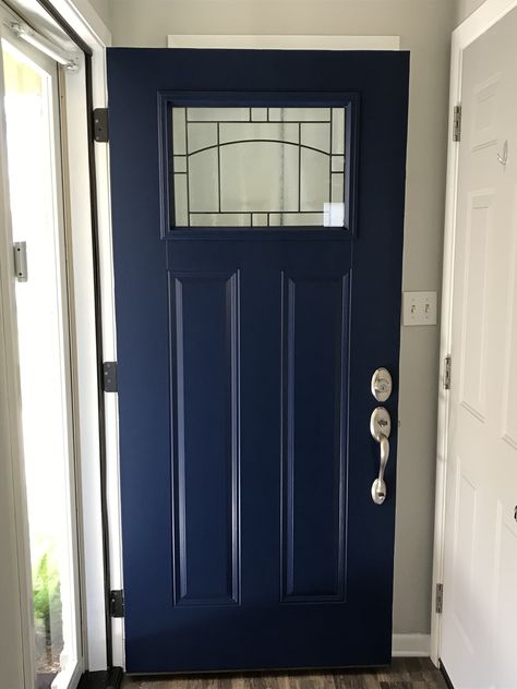 New front door painted the color Salty Dog Navy Entry Door, Navy Front Door Brick House, Dark Blue Front Door, 1925 Bungalow, Navy Front Door, Charcoal House, Front Porch Inspiration, Porch Inspiration, Shutter Colors