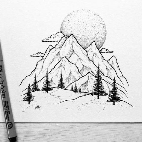 Mountain Wall Painting, Tattoo Mountain, Mountain Sketch, Geometric Trees, Landscape Tattoo, Mountain Drawing, Mountain Tattoo, Elephant Tattoos, Doodle Ideas