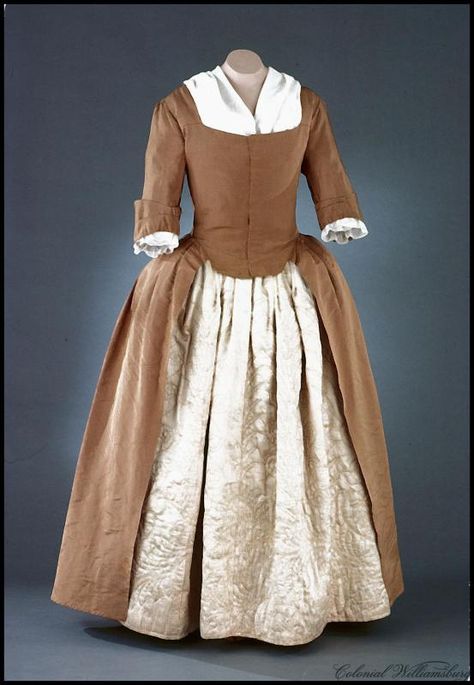 Gown of plain brown ribbed tabby silk with a fitted bodice and full skirt open at front to reveal petticoat (missing). Bodice has an untrimmed neckline cut in a low sq … 18th Century Dresses, 18th Century Gown, 1700 Fashion, 18th Century Women, Colonial Dress, 18th Century Dress, 18th Century Costume, 18th Century Clothing, 18th Century Fashion