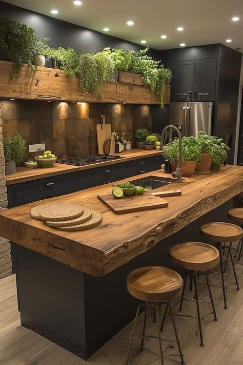 Open Concept Kitchen Shelves, Kitchen Island Plants, Industrial Kitchen Design Inspiration, Kitchen Ideas Natural, Earthy Kitchen Ideas, Chef Kitchens, Earthy Kitchen, Wood Countertop, Rustic Kitchen Design