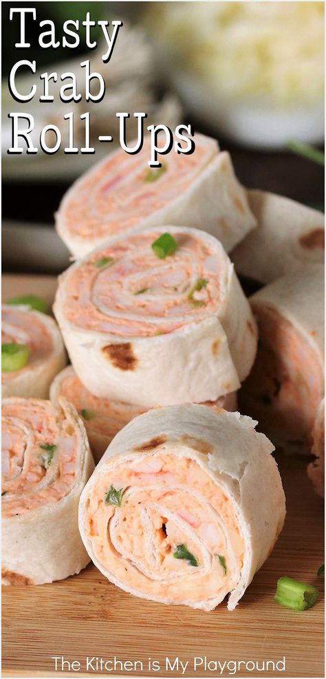 Stack of Crab Roll-Ups Easy Roll Ups For Lunch, Crab Tortilla Roll Ups, Crab Meat Lunch Ideas, Meat Roll Ups Appetizers, Cream Cheese And Tortilla Recipes, Crab Rangoon Tortilla Roll Ups, Crab Rangoon Roll Ups, Cucumber Crab Rolls, Crab Rangoon Pinwheels