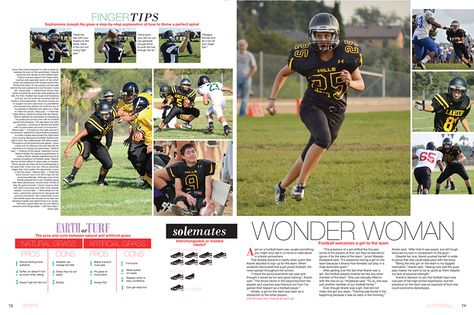 spread inspiration Football Yearbook Spread, Yearbook Headlines, Yearbook Photography, Yearbook Design Layout, Newspaper Ideas, Teaching Yearbook, Yearbook Template, Yearbook Class, Yearbook Spreads