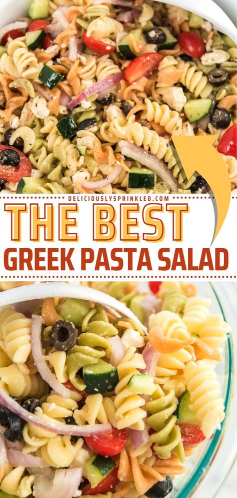 THE BEST GREEK PASTA SALAD RECIPE, side dishes, salad recipes Greek Pasta Salad Recipe, Greek Salad Recipe, Greek Pasta Salad, Greek Salad Dressing, Salads For A Crowd, Healthy Potato Recipes, Easy Pasta Salad Recipe, Greek Salad Pasta, Greek Pasta