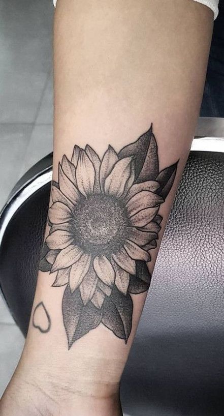 Sunflower Tattoo On Forearm For Women, Sunflower Leaves Tattoo, Dark Sunflower Tattoo, Black And Gray Sunflower Tattoo, Black Sunflower Tattoo, Sunflower Tattoo On Wrist, Stippling Tattoo, Sunflower Tattoo Sleeve, Polynesian Tattoos