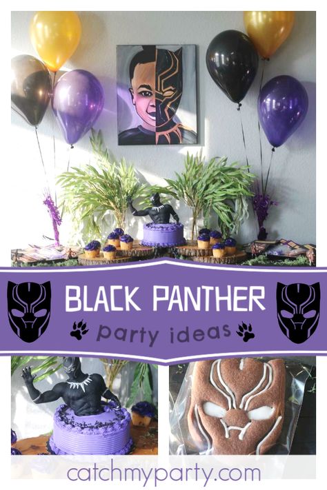 Wakanda Forever Party Ideas, Black Panther Theme Party, Black Panther Themed Birthday Party, Wakanda Forever Birthday Party, Black Panther Party Decorations, Wakanda Party Ideas, Wakanda Forever Party Theme, Wakanda Birthday Party, Black Panther Decorations