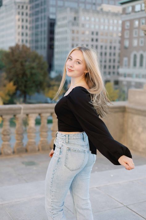 Portrait of high school senior girl at Indiana World War Memorial in downtown Indianapolis with black top and jeans Senior Pictures Downtown, Downtown Indianapolis, Senior Photo Poses, Top And Jeans, Senior Photo, High School Senior, Senior Pics, Senior Session, Senior Photos