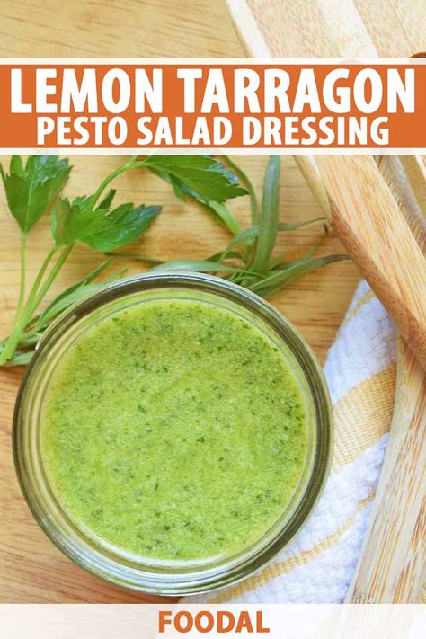 If you're a fan of garlicky green pesto, you’re going to fall in love with this vibrant blend. It's salad’s perfect companion. Nutty almonds, bittersweet tarragon, lemon, and sharp Pecorino come together to create an herbaceous dressing you’ll want to drizzle all over everything. #pesto #saladdressing #foodal Pesto Salad Dressing, Tarragon Dressing, Greek Lemon Rice Soup, Lemon Thyme Chicken, Lemon Rice Soup, Greek Lemon Rice, Pesto Salad, Pesto Dressing, Thyme Chicken